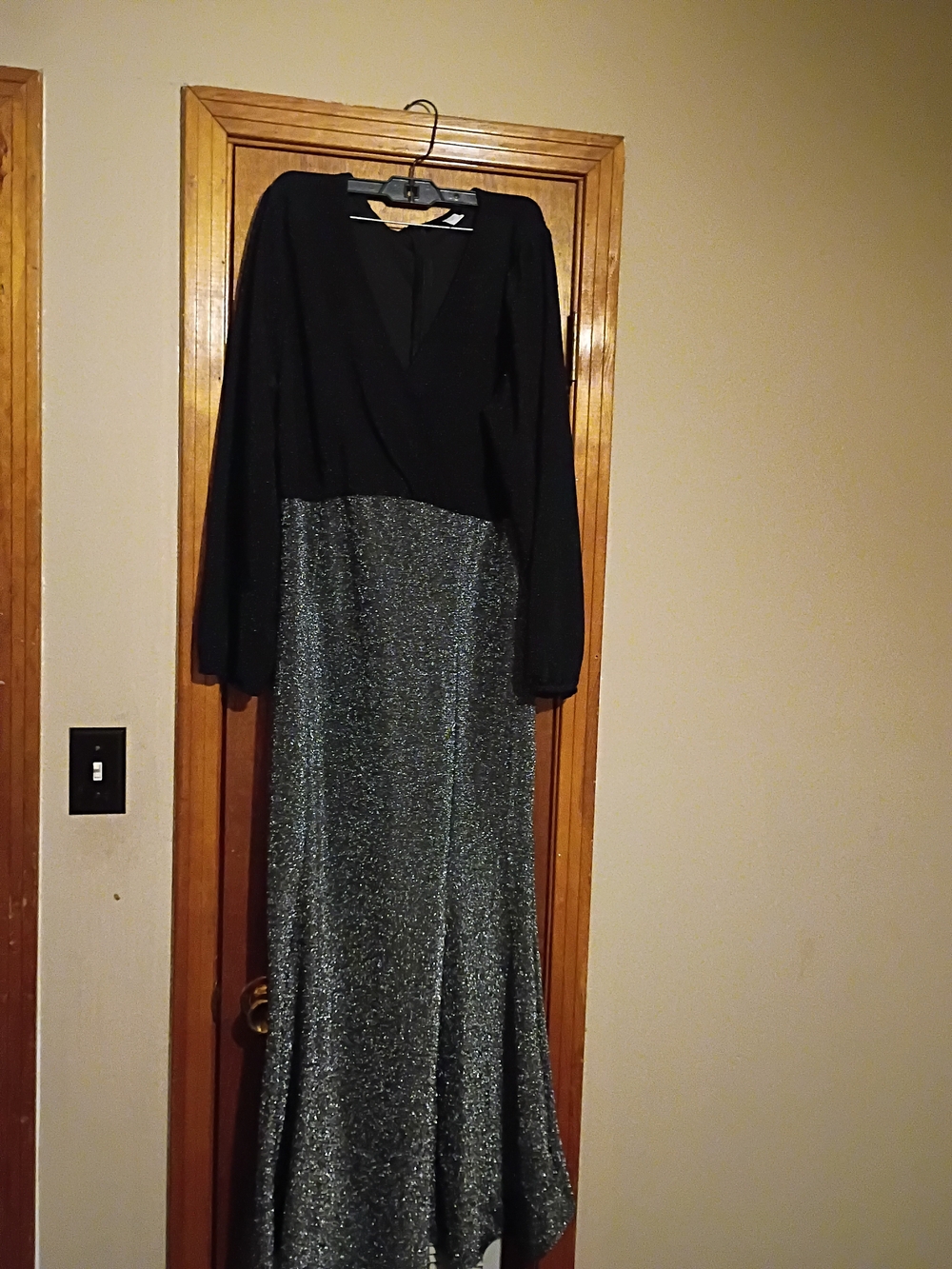 Long-Sleeve Black Top with Sparkling Silver Skirt Gown